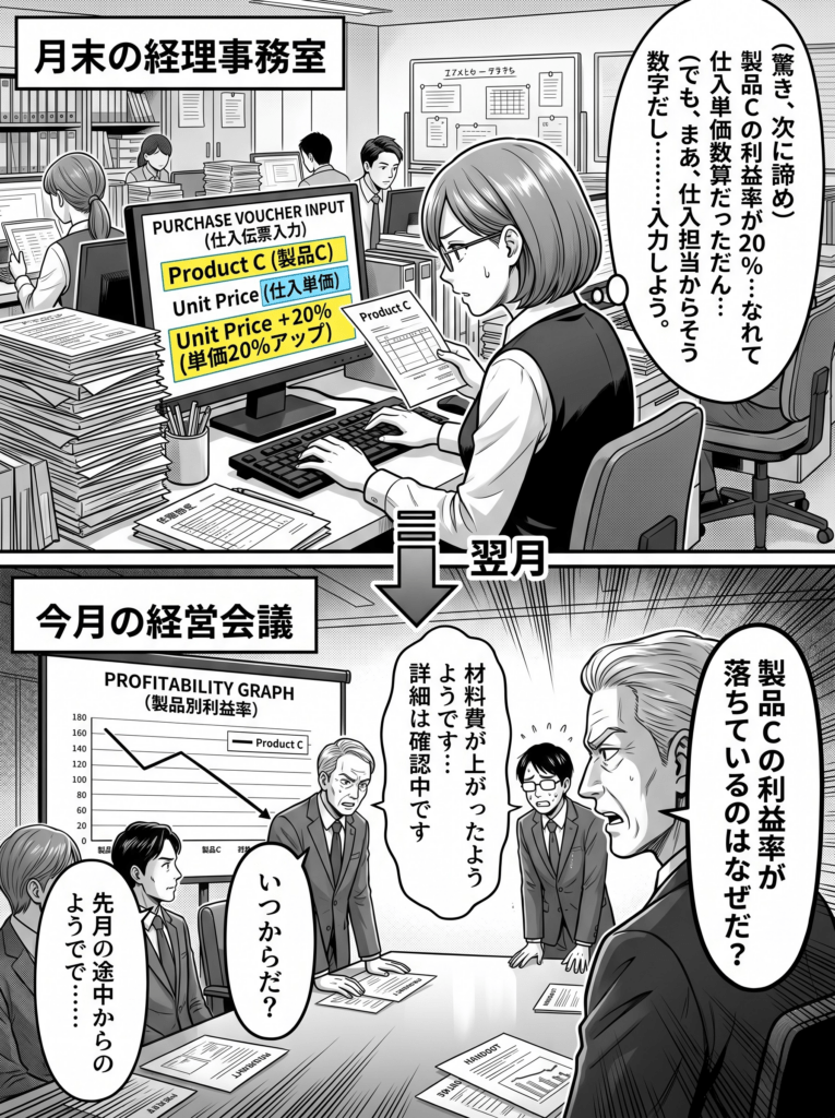 A Japanese manga-style, split-panel composition, dramatic illustration. The top panel (titled: LAST MONTH - ACCOUNTANT'S OFFICE (月末の経理事務室)) is larger and depicts a chaotic accountant's office at month-end. A female accountant in her 30s with glasses and a company vest types at a PC, looking at a physical voucher for "Product C". The PC screen shows "PURCHASE VOUCHER INPUT (仕入伝票入力)" and highlights "Product C (製品C)", "Unit Price (仕入単価)", "Unit Price +20% (単価20%アップ)". Her desk is overloaded with paper. A thought bubble says: (驚き、次に諦め) "The unit price of Product C is up 20%... but the procurement guy said this is the correct number... I'll just input it. (でも、まあ、仕入担当からそう言われてきた数字だし……入力しよう。)" The atmosphere is busy and slightly resigned. The bottom panel (titled: THIS MONTH - MANAGEMENT MEETING (今月の経営会議)) shows a tense boardroom. A stern CEO in his 60s interrogates a sweating Chief Accountant (経理部長) with glasses. A large presentation screen shows a "PROFITABILITY GRAPH (製品別利益率)" with Product C's line plunging. Handouts are on the table. CEO (speech bubble, large and bold): "Why has Product C's profit margin dropped? (製品Cの利益率が落ちているのはなぜだ?)" Chief Accountant (speech bubble, trembling): "It seems material costs went up... We're investigating the details... (材料費が上がったようです。詳細は確認中です)" CEO: "Since when? (いつからだ?)" Chief Accountant (hesitant): "From the middle of last month, it seems... (先月の途中からのようで……)" The room is silent. A thick arrow links the panels, indicating "NEXT MONTH (翌月)" and time flow. Text is clearly rendered in Japanese. High detail, dynamic composition.