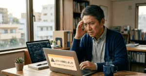 Frustrated man at a laptop with an error message overlay reading: An error occurred, Troubleshooting AI tools