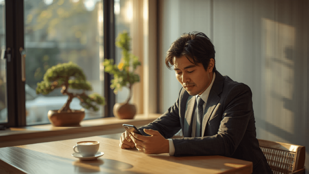 カフェでスマホを操作しながら遠隔でAIに広報作業を依頼するビジネスパーソン