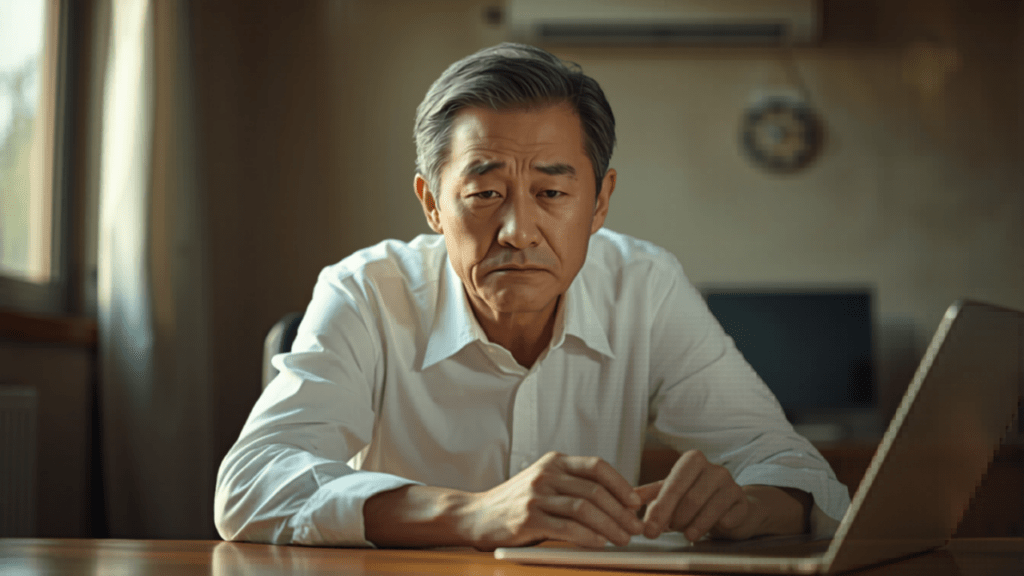 オフィスのデスクでパソコンを見ながら困惑した表情をする50代男性経営者。Claudeのカスタムスキルが古い版に戻る問題に悩まっている様子。