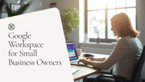 ノートPCで仕事をする中小企業の経営者。Google Workspaceを活用したビジネス環境を表すイメージ。