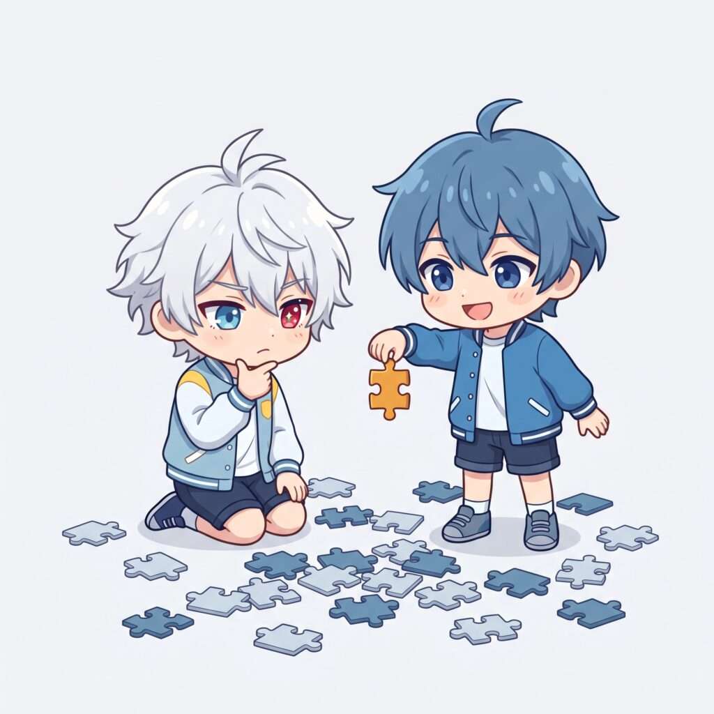 散らばったパズルのピースを前に、あごに手を当てて考え込む玄くんと、ピースをぶら下げてにこにこする蓮くん