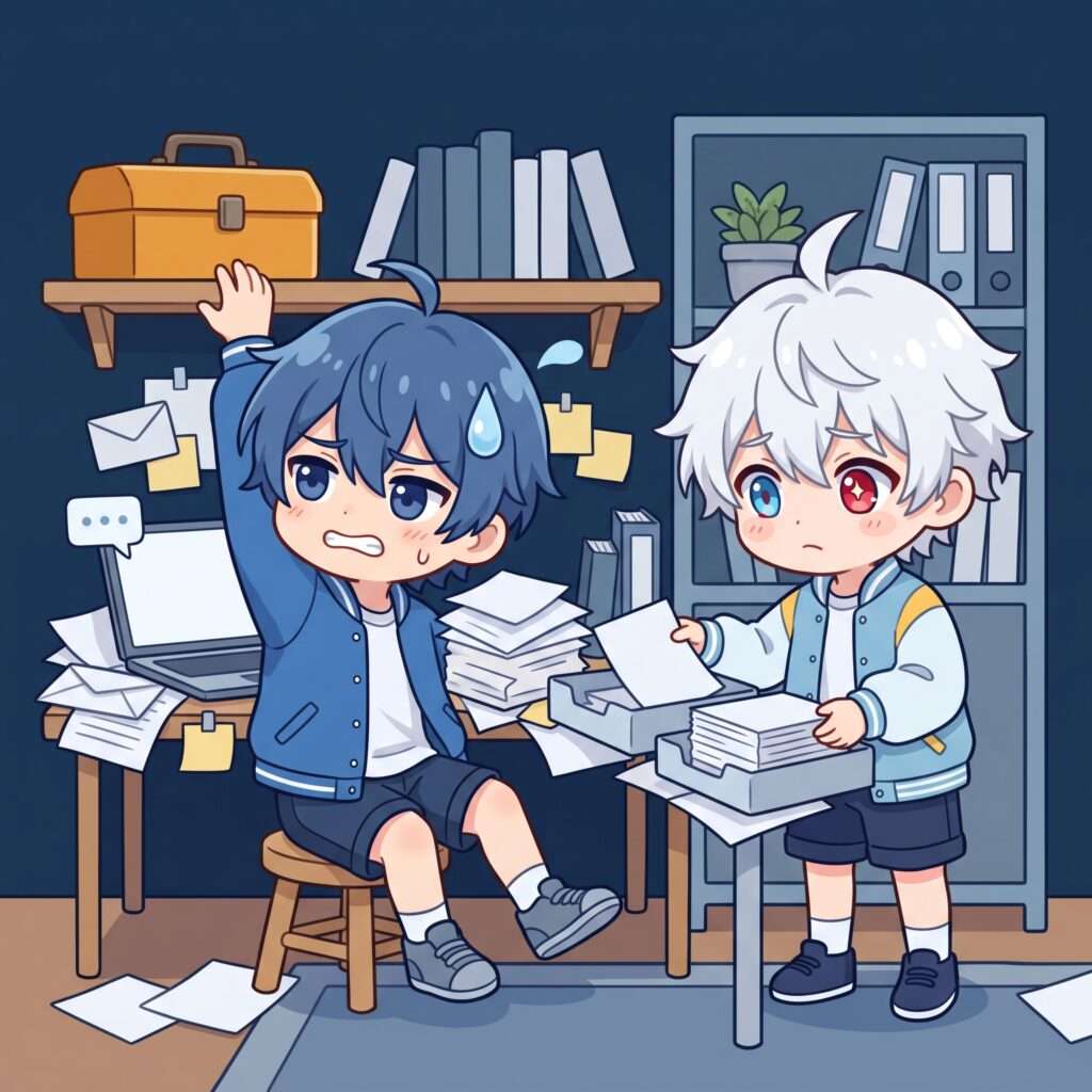 書類とメールに埋もれて道具箱に手が届かない蓮くんと、書類を仕分けて道を空ける玄くん