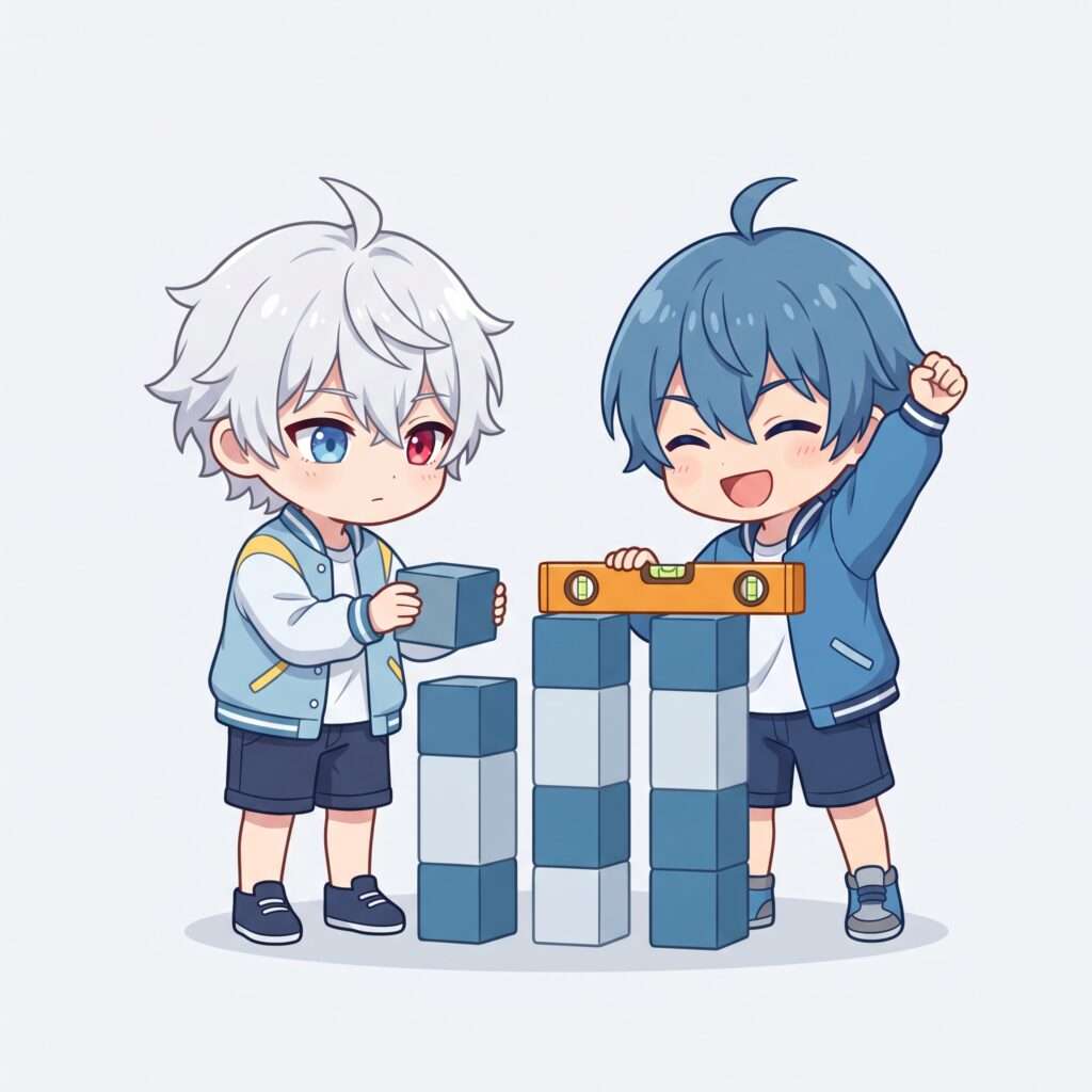 高さのばらばらな積み木をそろえる玄くんと、水平器を載せて喜ぶ蓮くん
