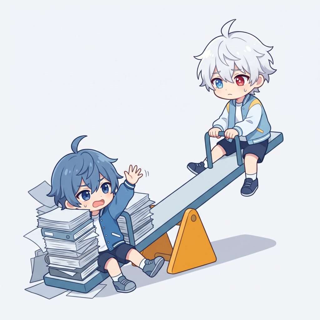 書類の山に埋もれる蓮くんと、シーソーの反対側で手持ちぶさたな玄くん