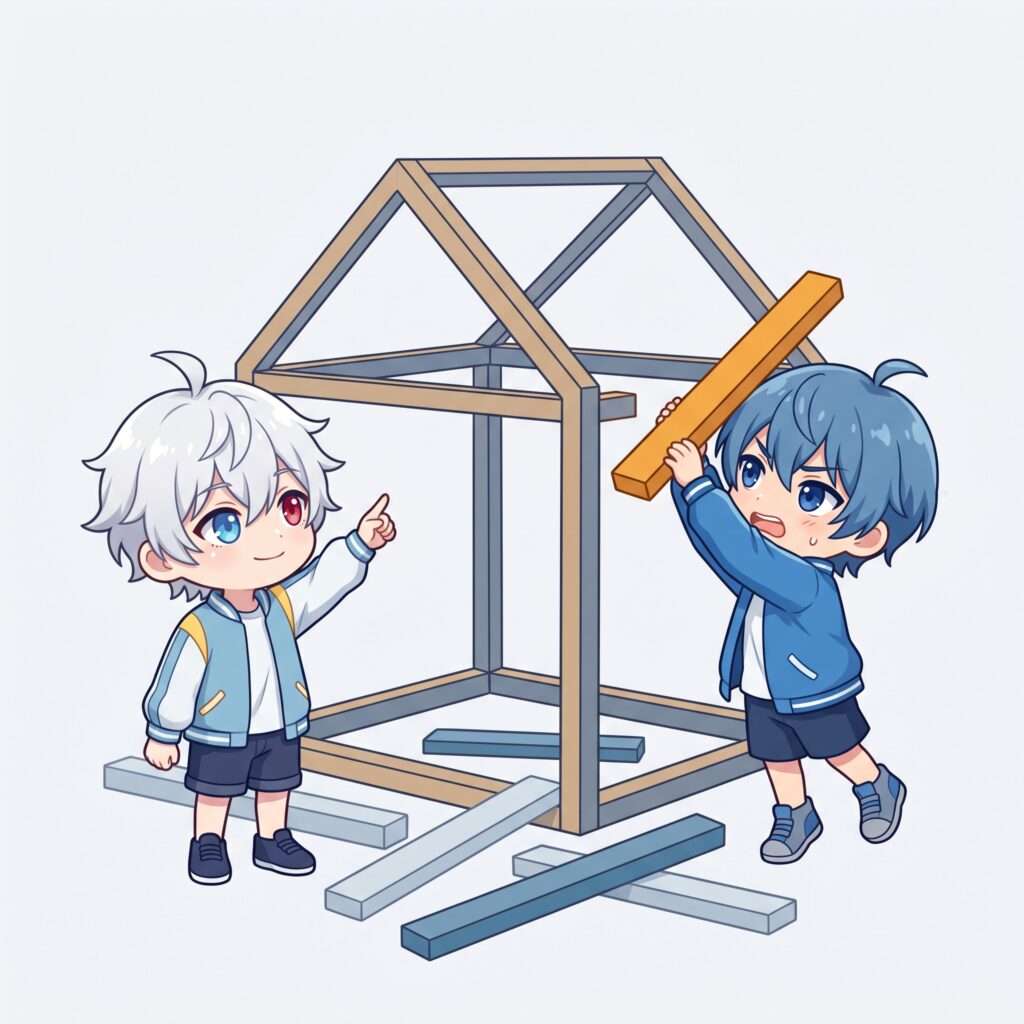 家の骨組みを見上げて場所を指さす玄くんと、梁を持ち上げてはめようとする蓮くん