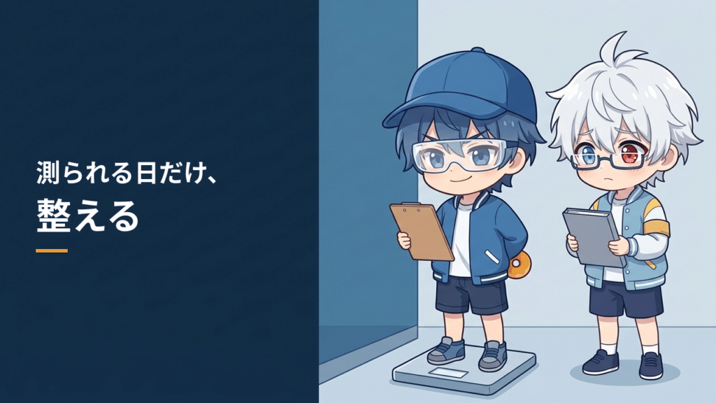 体重計に乗る蓮くんと、クリップボードを持って見守る玄くん