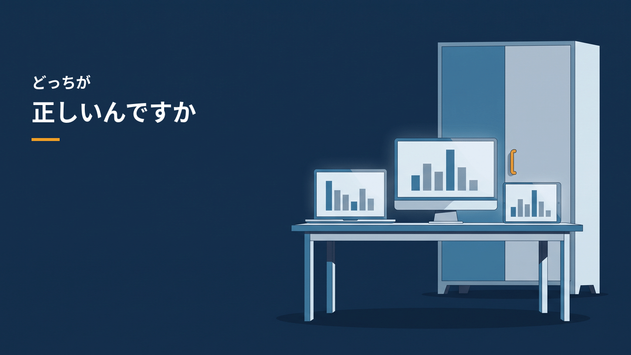 「どっちが正しいんですか」の文字と、机の上で高さの違う棒グラフを映す三つの画面、その奥の閉じた収納棚