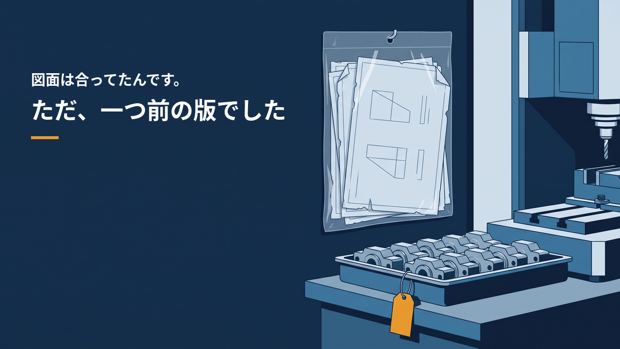 「図面は合ってたんです。ただ、一つ前の版でした」の文字と、機械の横のクリアファイルに何枚も差さった図面、加工済みの部品が並ぶトレーに下がった札